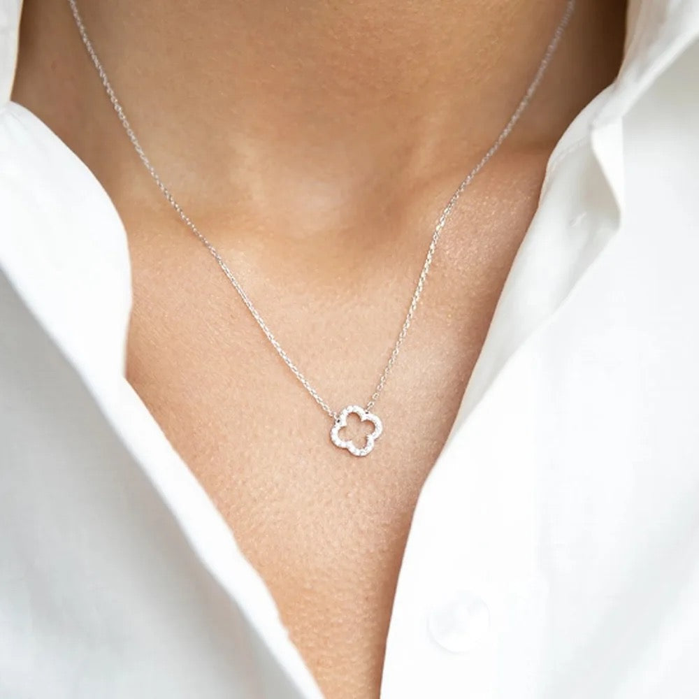 Sterling Silver Four Leaf Clover Necklace-Discover the enchanting CZ Four Leaf Reversible Clover Necklace. Uncover the elegance of this reversible piece, perfect for any occasion. Shop Now!-Dazzledvenus