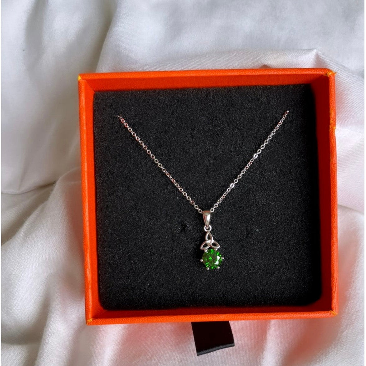 Sterling Silver Irish Celtic Trinity Knots Emerald Green Necklace--Dazzledvenus