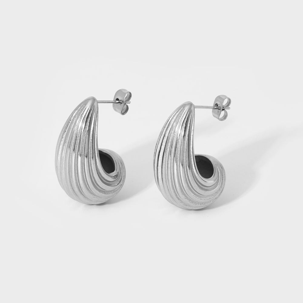 Tear Drop Stripe Textured Shell Earring-Silver-Dazzledvenus