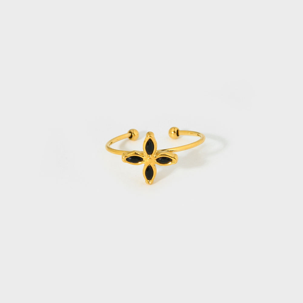 Zircon Four Leaf Flower Minimalist Adjustable Ring-Black-Dazzledvenus