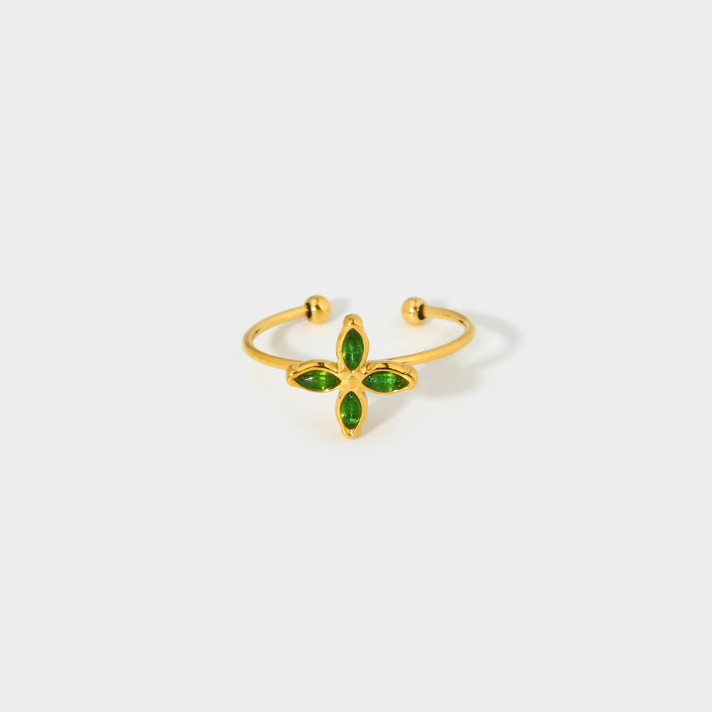 Zircon Four Leaf Flower Minimalist Adjustable Ring-Green-Dazzledvenus