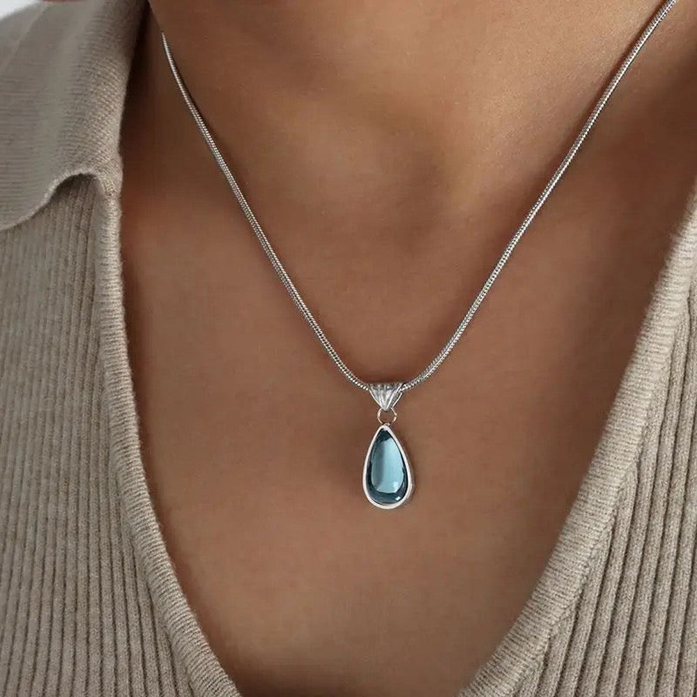 Blue Green Droplet Glass Stone Pendant Necklace-Blue Glass Pendant With Silver Chain-Dazzledvenus
