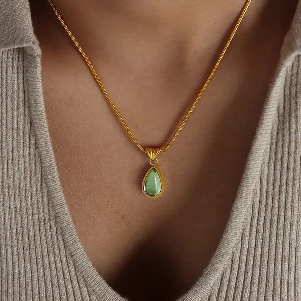 Blue Green Droplet Glass Stone Pendant Necklace-Green Glass Pendant With Gold Chain-Dazzledvenus
