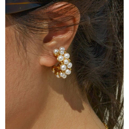C Shaped Pearl Hoop Earrings-Dazzledvenus