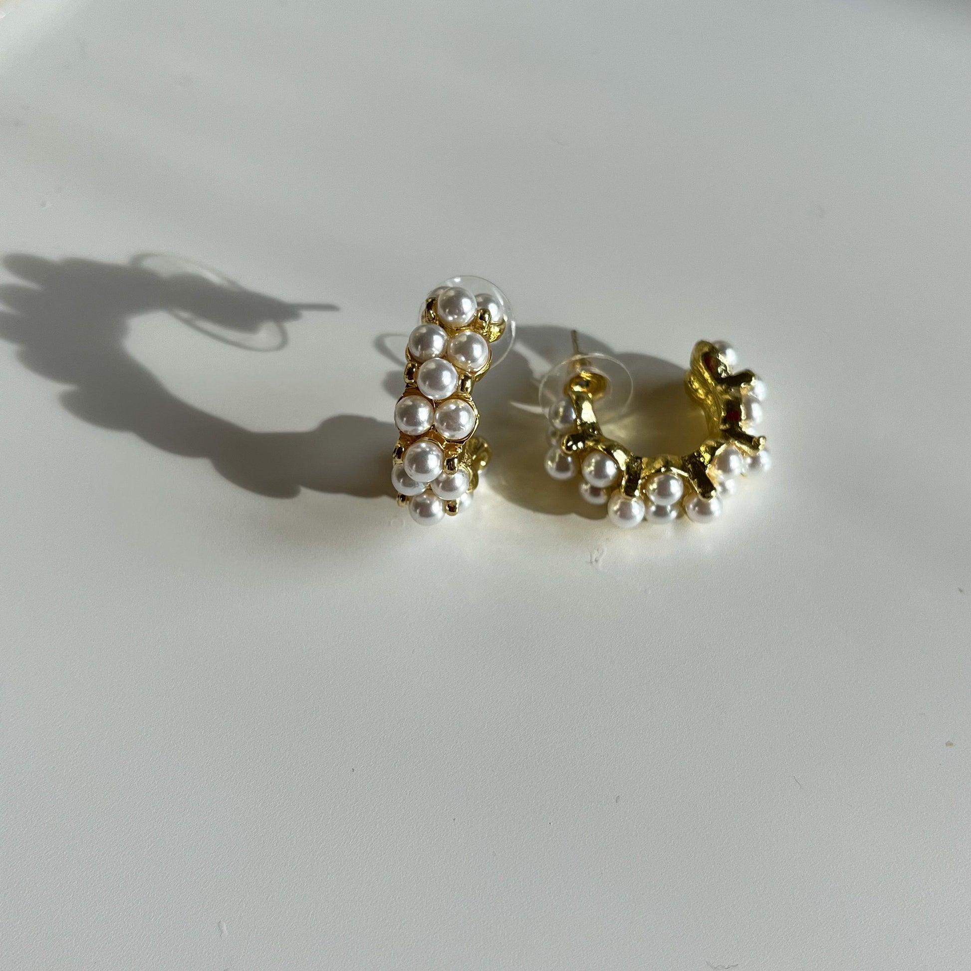 C Shaped Pearl Hoop Earrings-Gold-Dazzledvenus