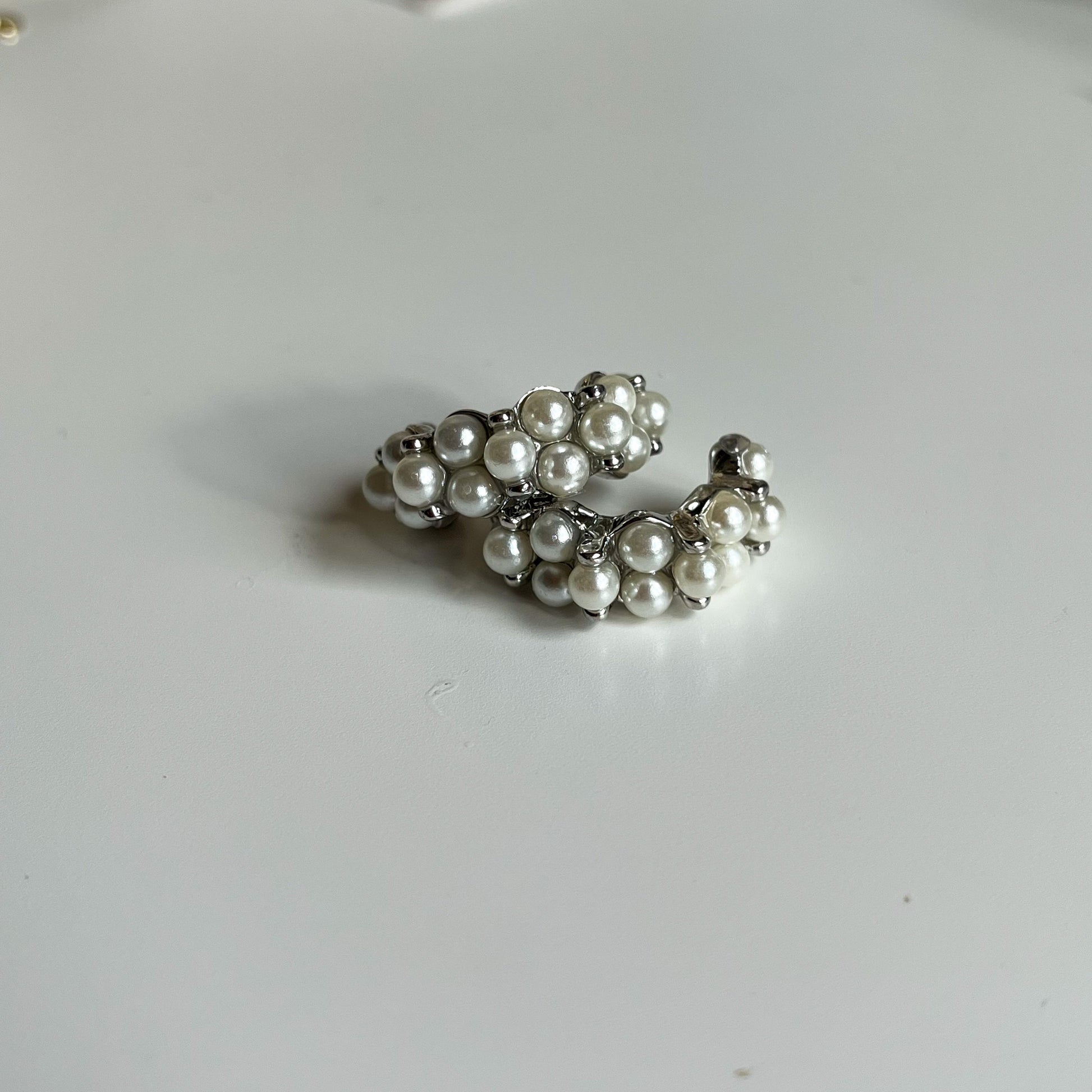 C Shaped Pearl Hoop Earrings-Silver-Dazzledvenus