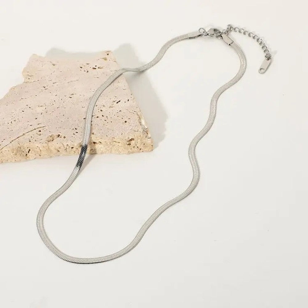 Classic Flat Herring Bone Snake Minimalist Stackable Necklace-Dazzledvenus