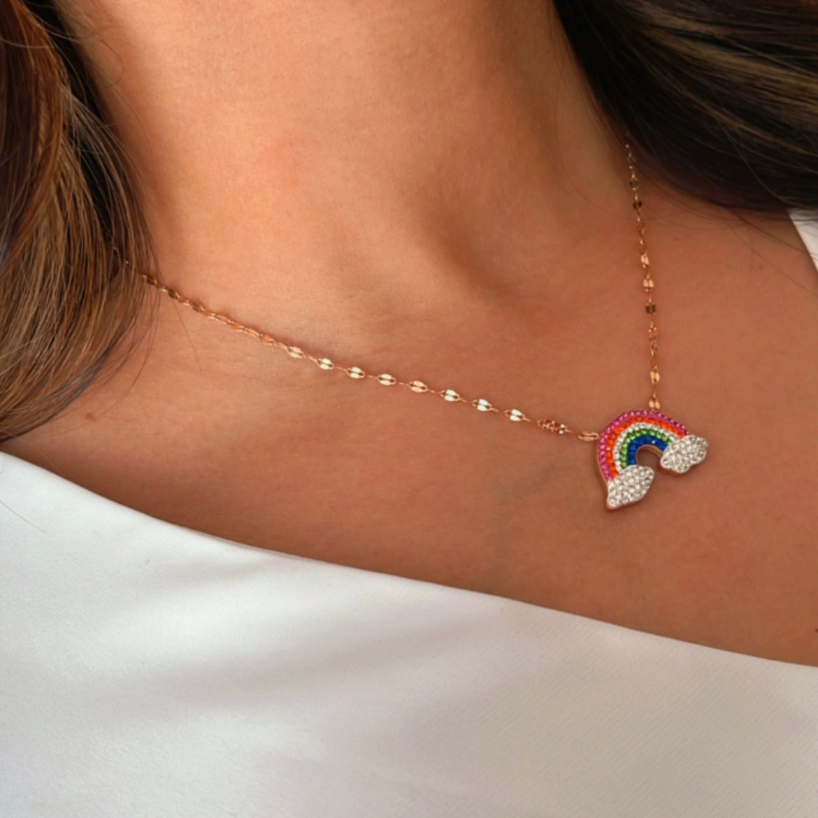 Colourful Cloud & Rainbow CZ Diamond Necklace-Dazzledvenus