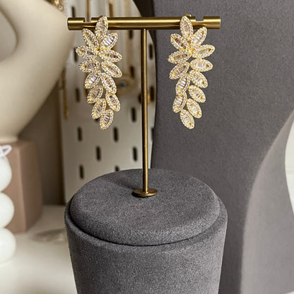 CZ Baguette Fancy Flower Drop Statement Earrings-Dazzledvenus