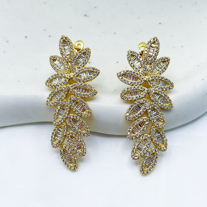 CZ Baguette Fancy Flower Drop Statement Earrings-Dazzledvenus