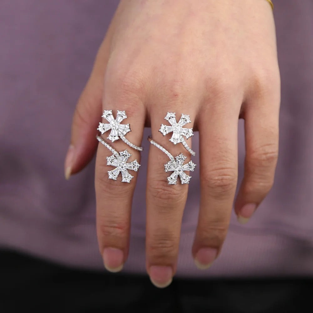 CZ Diamond Sparkling Double Flower Open Ring-Dazzledvenus