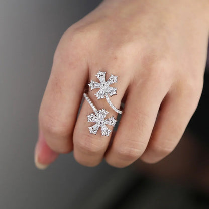 CZ Diamond Sparkling Double Flower Open Ring-Dazzledvenus