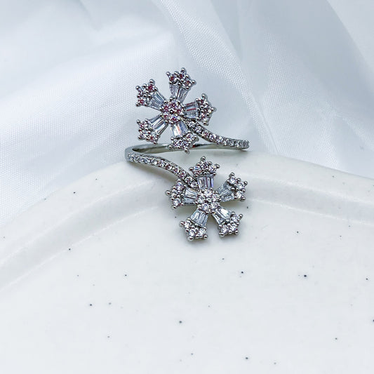 CZ Diamond Sparkling Double Flower Open Ring--Dazzledvenus