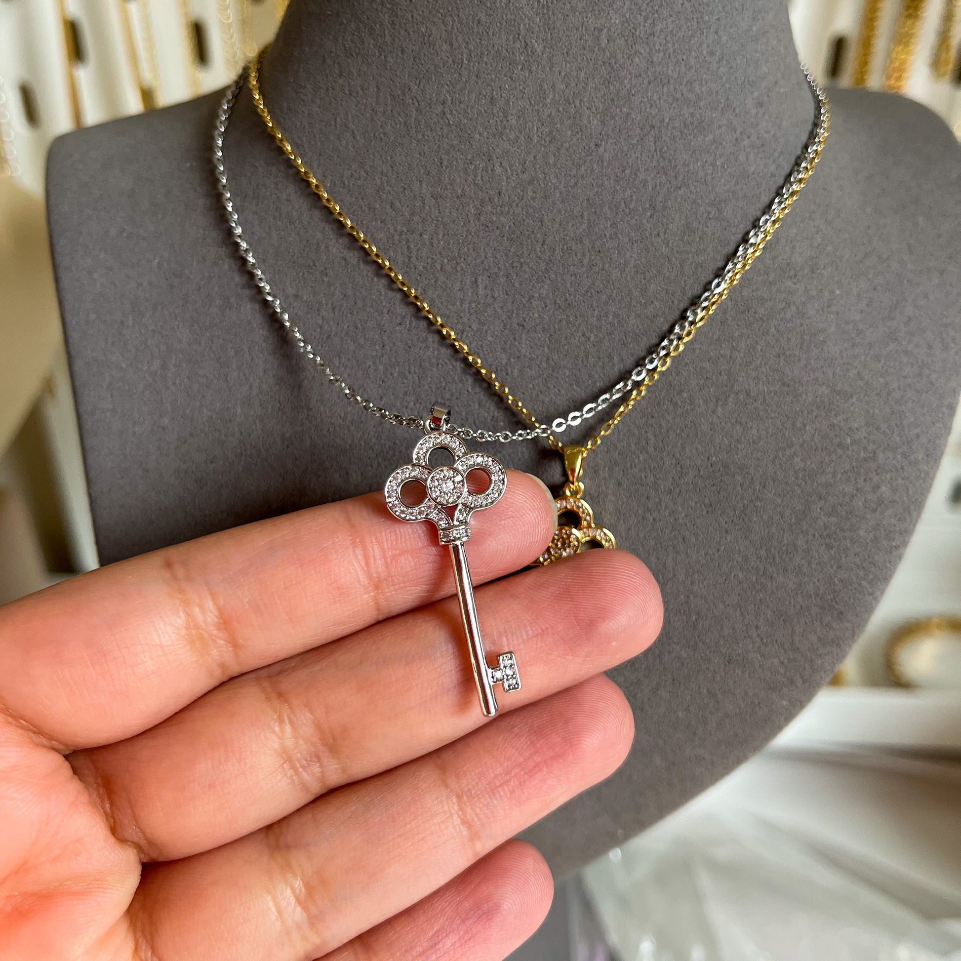 CZ High Shine Crown Key Pendant Necklace-Dazzledvenus