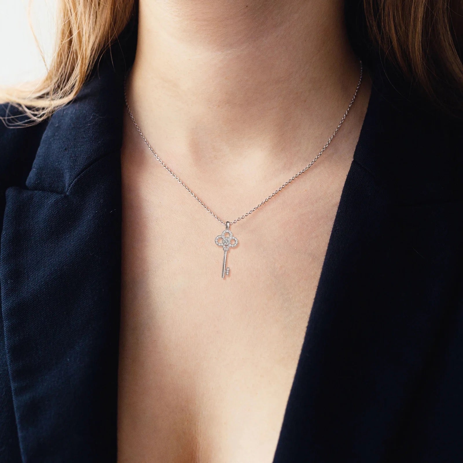 CZ High Shine Crown Key Pendant Necklace-Silver-Dazzledvenus