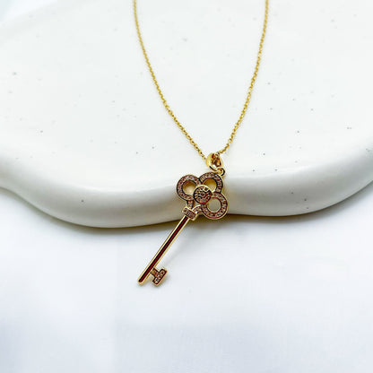 CZ High Shine Crown Key Pendant Necklace-Gold-Dazzledvenus