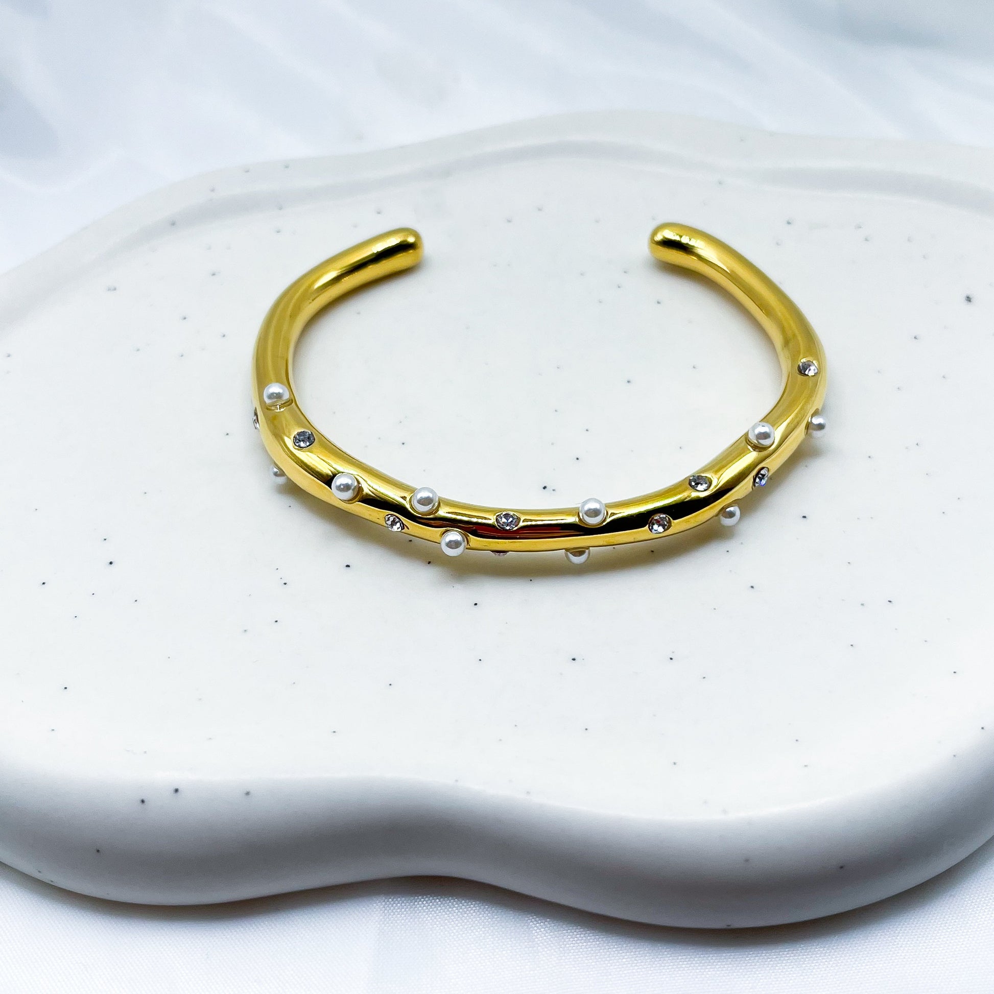 CZ Zircon & Pearl Open Cuff Bangle-Dazzledvenus