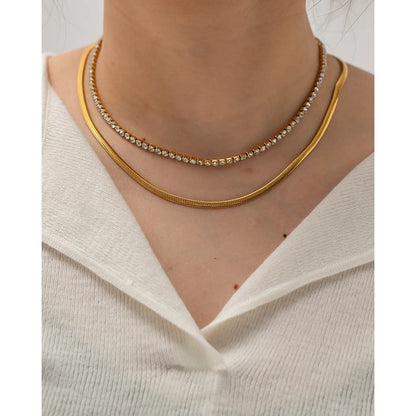 Double Layered Tennis & Herringbone Chain Necklace-Dazzledvenus