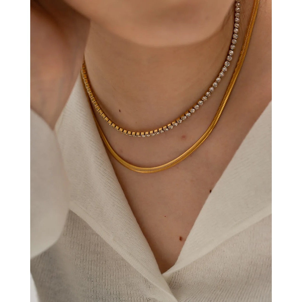 Double Layered Tennis & Herringbone Chain Necklace-Dazzledvenus