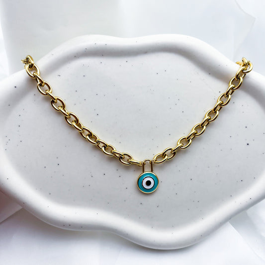 Evil Eye Round Pendant Link Necklace-Dazzledvenus