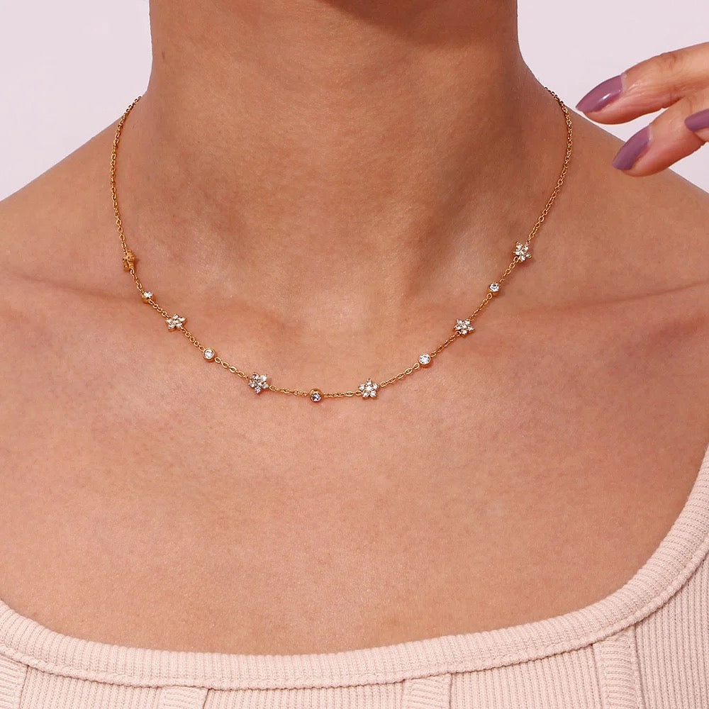 Fine Flower Diamond Studded Dainty Chain Necklace--Dazzledvenus
