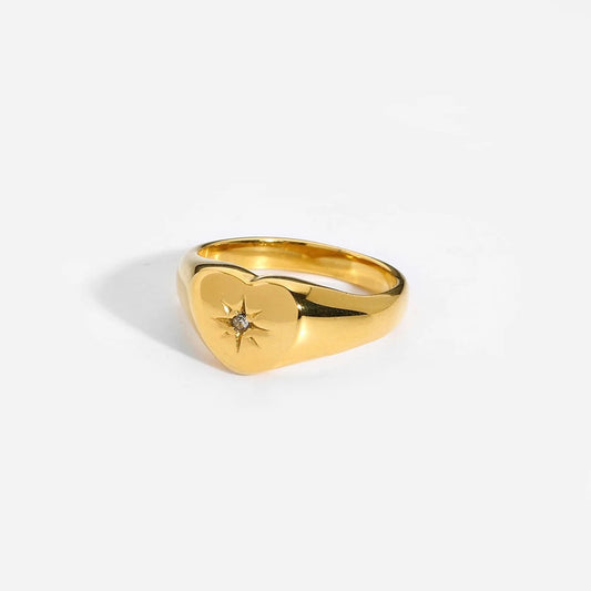 Gold Filled Signet Starburst Heart Ring-Dazzledvenus