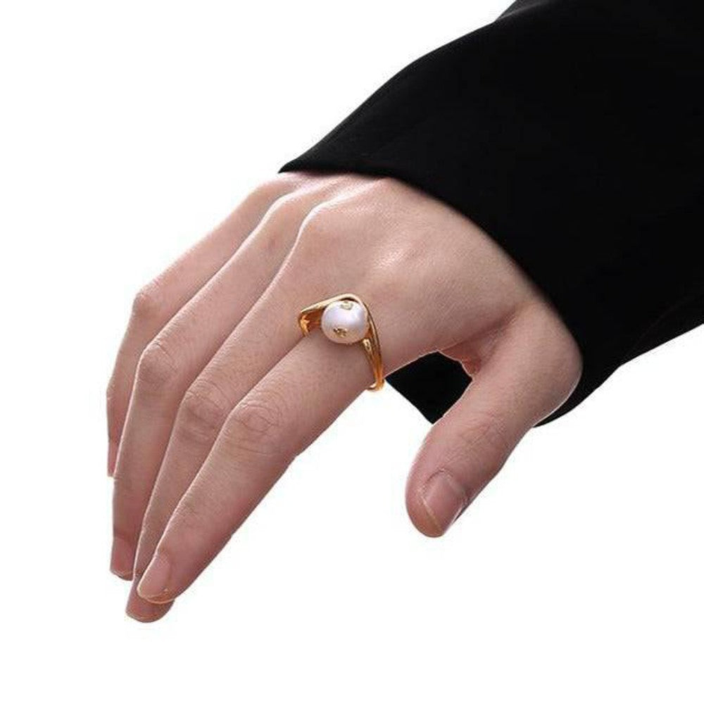Gold Foil Fresh Water Pearl Adjustable Curve Ring-Dazzledvenus