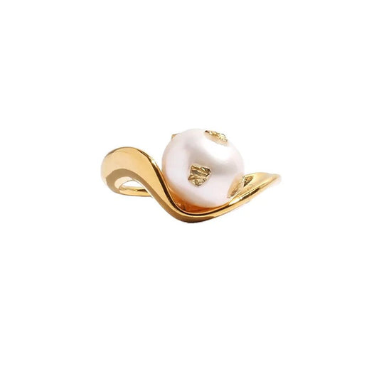 Gold Foil Fresh Water Pearl Adjustable Curve Ring--Dazzledvenus