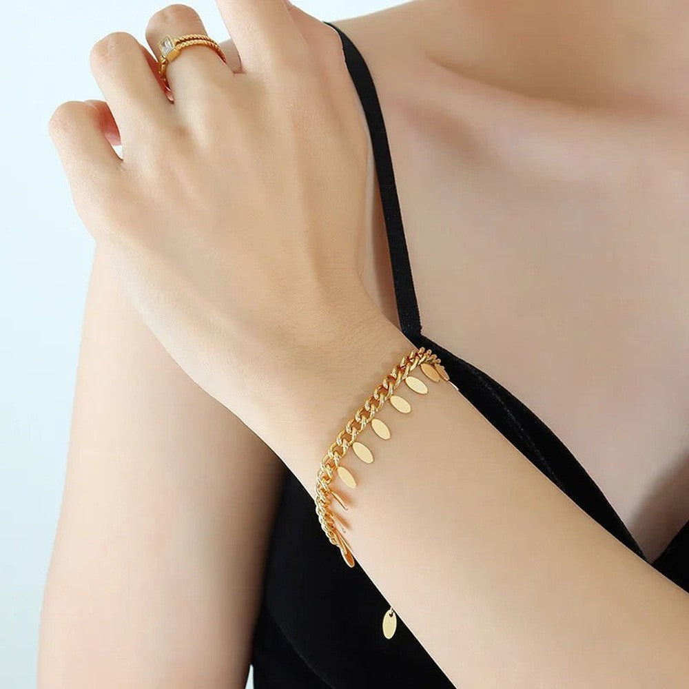 Gold Leaves Tassel Cuban Chain Bracelet--Dazzledvenus