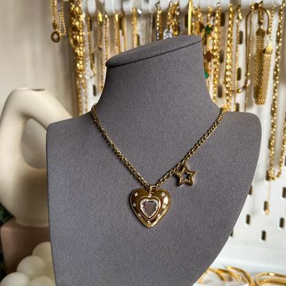 Gradient Glass Stone Heart Pendant & Star Charm Figaro Statement Necklace-Dazzledvenus