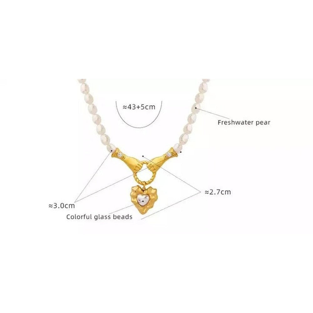 Holding Hands Heart & Pearl Exquisite French Necklace-Dazzledvenus