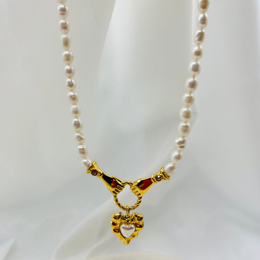 Holding Hands Heart & Pearl Exquisite French Necklace-Dazzledvenus