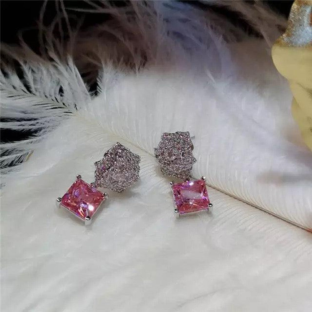 Iced Out Pink Square Cut Bling Earring-Dazzledvenus