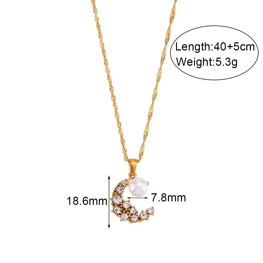 Moon Crescent CZ Pearl Necklace--Dazzledvenus