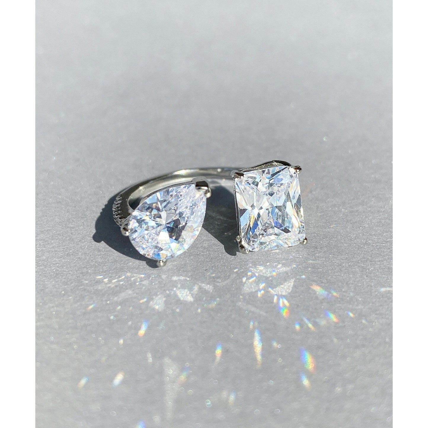 Pear & Square Double Stone Diamond Open Ring--Dazzledvenus