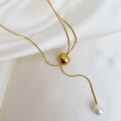 Pearl & Ball Minimal Multi Chains Lariat Necklace-Dazzledvenus