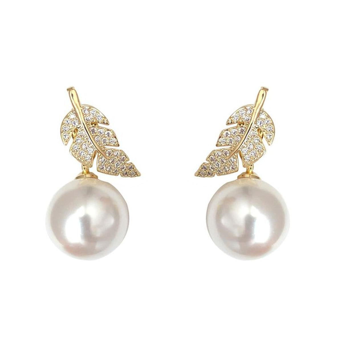 Pearl & Leaf CZ Zircon Drop Earring-Gold-Dazzledvenus