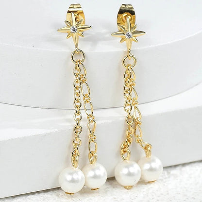 Starburst Pearl Tassels Delicate Chain Earrings-Dazzledvenus
