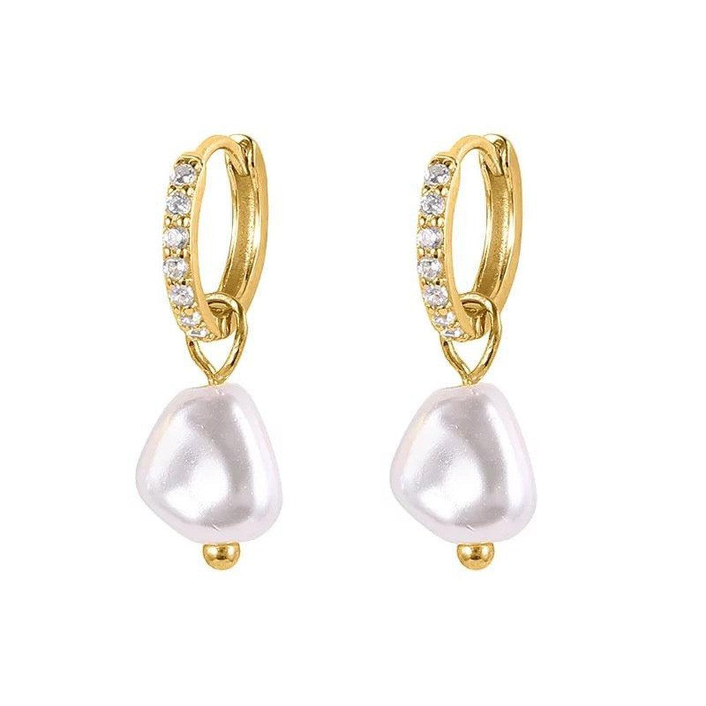 Sterling Silver Baroque Pearl Dainty Huggie Hoop Earring-Gold-Dazzledvenus