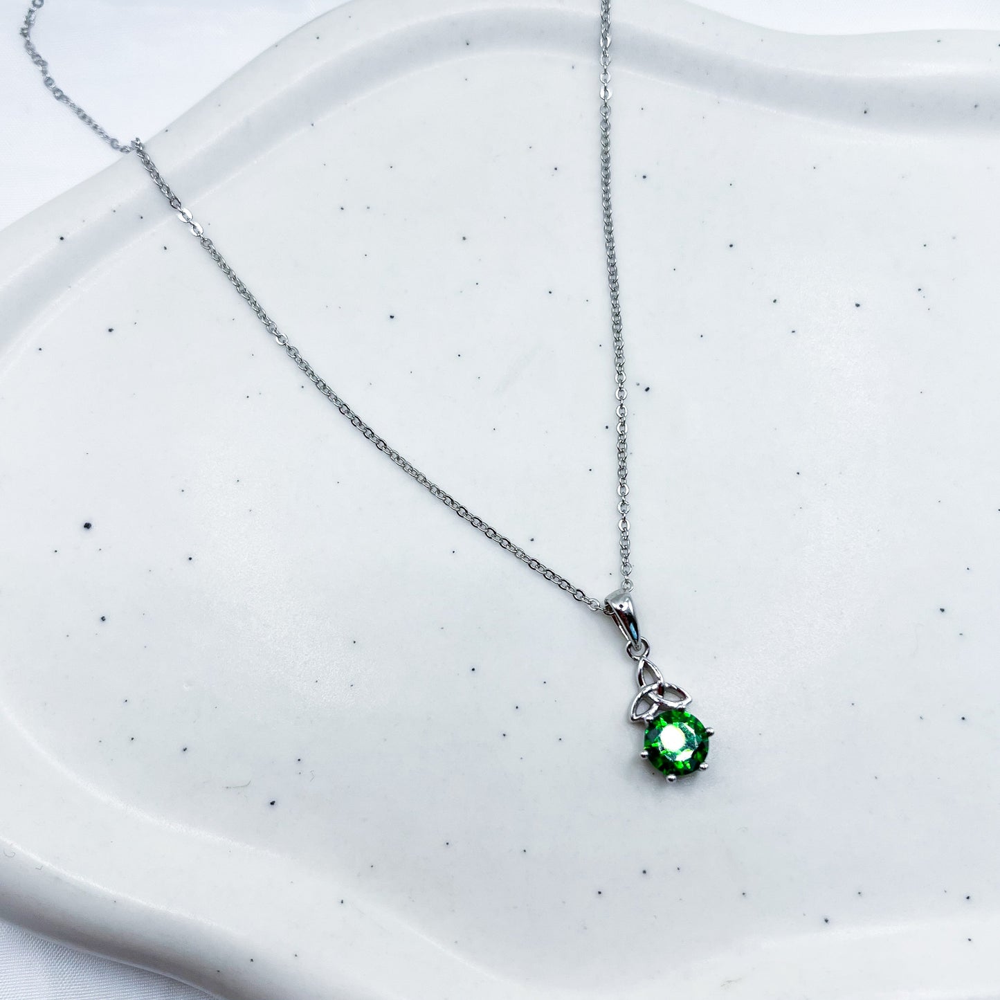 Sterling Silver Irish Celtic Trinity Knots Emerald Green Necklace-Dazzledvenus