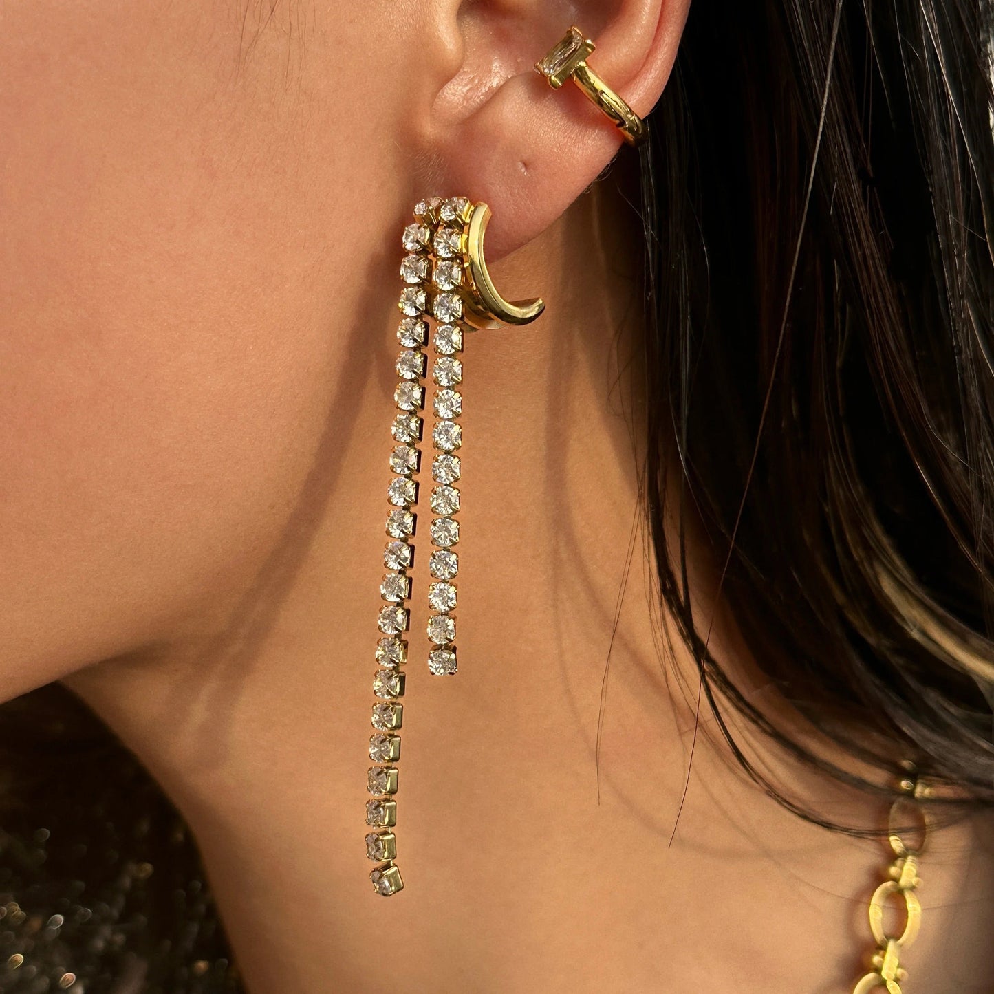 Tennis Chains Diamond Bling Tassel Earring-Gold-Dazzledvenus