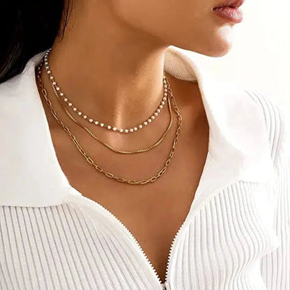 Three Layer Pearl & Paperclip Necklace-Dazzledvenus