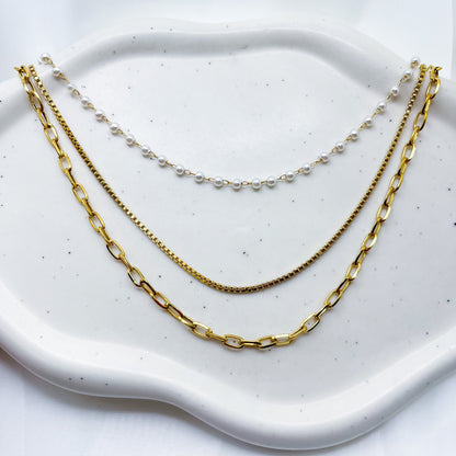 Three Layer Pearl & Paperclip Necklace-Dazzledvenus