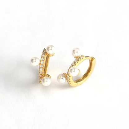 Tiny Pearls & Diamond Inlaid Huggie Hoop Earring-Dazzledvenus